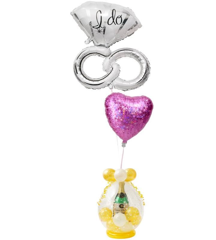ウェディングリングときらきらピンクハート、シャンパンのラッピングバルーン【結婚式】