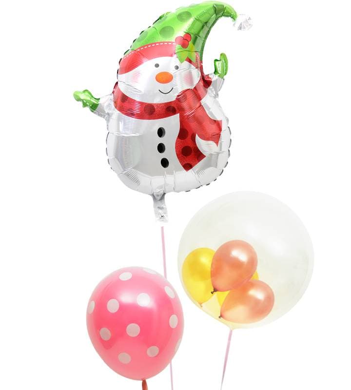 スノーマンとピンク＆ゴールドのぷちバルーン、ピンクドット【クリスマス】